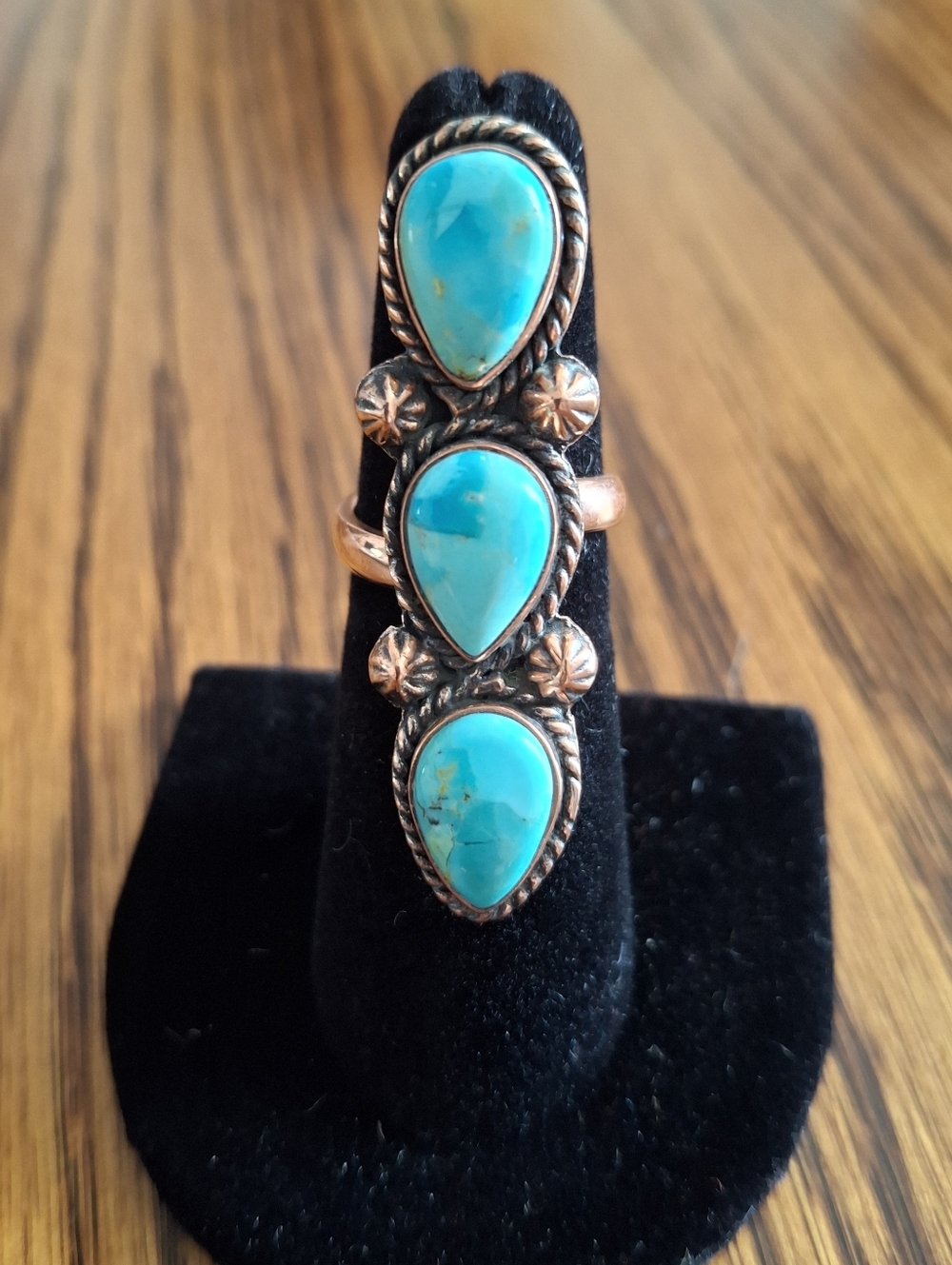 Ring Large 3 Turquoise Teardrop Stones Copper Frame And Adjustable Band  5-6-7